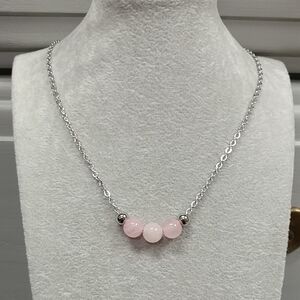 Rose Quartz Three Bead Necklace Natural Gemstone Crystal Stainless-Steel Chain